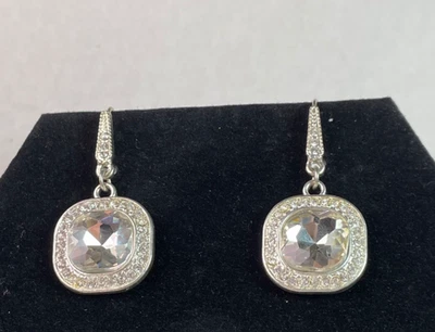 Lia Sophia Bella Donna Square Clear Crystal Silver Drop Earrings bling bling - Image 1 of 4