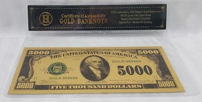 Золотая банкнота 24 карата сертификат подлинности с рукавом 5000 долларов - Изображение 1 из 4