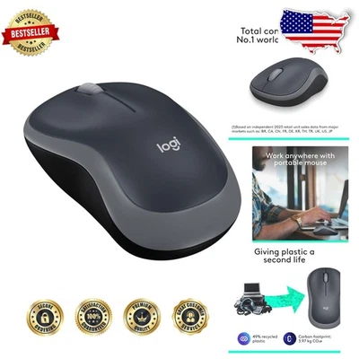 Ambidextrous M185 Wireless Mouse 1000 DPI Optical 1  Battery Swift Grey - Image 1 of 4