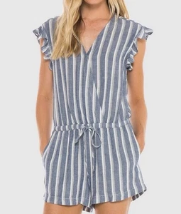 CLOTH & STONE Zuma Beach Blue + White Striped Crossover Linen Romper extra Small - Picture 1 of 9