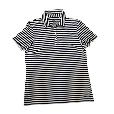 彪马女式条纹短袖高尔夫 Polo 衫海军蓝白色 M 码 — 第 1/3 张图片