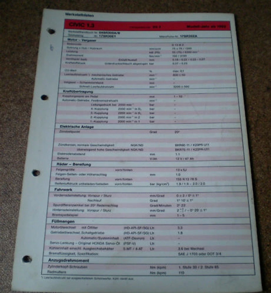 Hoja De Inspección Honda Civic 1.3 - A Partir Del Año De Modelo 1992! - Imagen 1 de 1