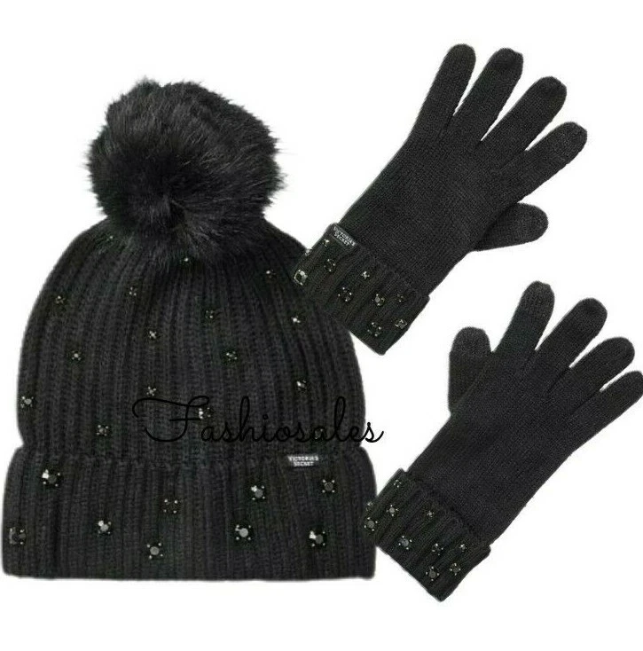 Victorias Secret 奢华宝石帽子和手套套装冬季假期均码黑色 — 第 1/1 张图片