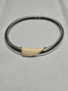 Monet Silver Tone Omega Necklace Cream Enamel Choker 80s - Picture 1 of 10