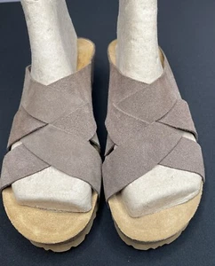 YOKONO Brown Suede Criss Cross Strap 2.25" Wedge Heel Slide Sandals Sz. 9.5 - Picture 1 of 7