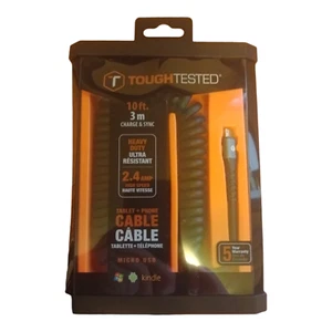 TOUGHTESTED ® Heavy Duty Micro USB Cable 10ft - 2.4AMP High Speed Charge & Sync - Zdjęcie 1 z 2
