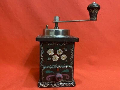 VINTAGE OLD WOODEN COFFEE GRINDER MILL GERMANY HAND WINDING HAND PAINTED - Image 1 of 4