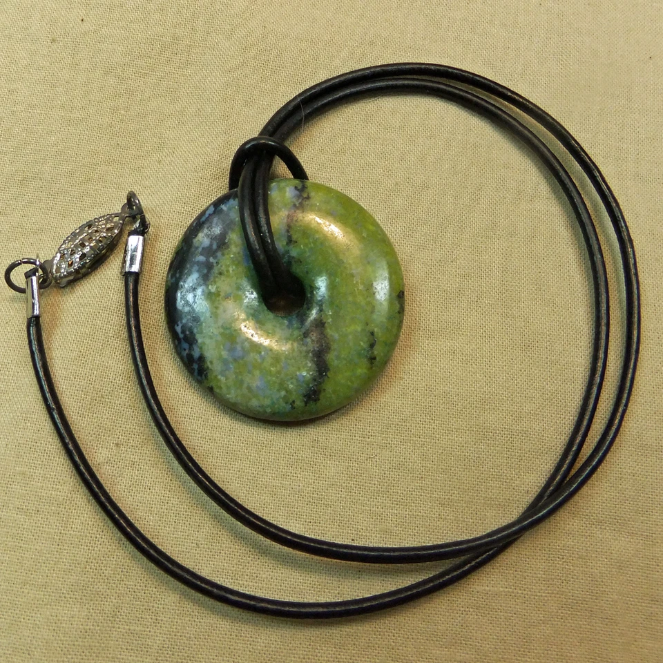 Olive Green Black Jasper Medium 1 1/2" Polished Donut Leather Cord Necklace #26 - Image 1 of 1