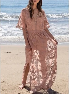 NWT POL Lace Boho Maxi Romper Dress Mauve M/L Sheer Embroidered Mesh Overlay - Picture 1 of 18