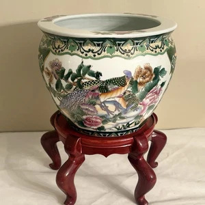 Vintage chinesische Satsuma Stil Fischschale Pflanzgefäß Vögel Blumen Goldfische 12" breit 10"T - Bild 1 von 21