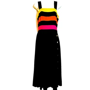 Vintage Sandra Ow-Wing for N.R.1 Black Neon Maxi Swing Halter Dress Women's 8 - Picture 1 of 15