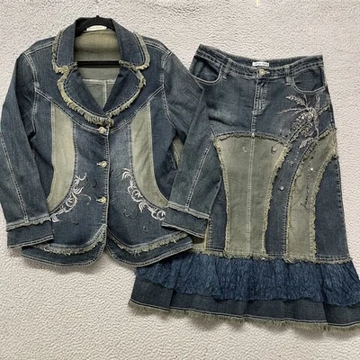 Y2K Jessica Taylor Denim Skirt Jacket Womens 10 Beaded Embroidered Fringe Lace - Image 1 of 4