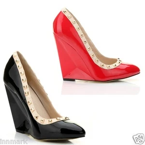 CLASSY PARTY STUDDED TRIM WEDGE PUMP COURT SHOES BLACK RED SIZE 3 - 8  (997)  - Picture 1 of 11