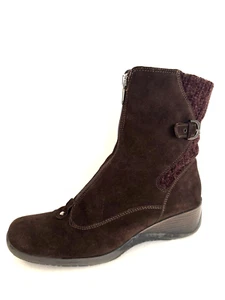 Aquatalia Mia Brown Suede Boots 9 Zip-Front Knit Cuff Low Wedge Heel Booties - Picture 1 of 16