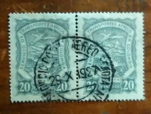 1923 Colombia 20c airmail stamp pair - 1927 cancel - Picture 1 of 2
