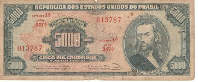 Brazil 5 Cruzeiros 1963 sign 12 Banknote Brasil Serie 2458 Free Shipping  World 