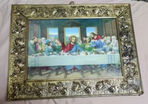 VINTAGE JESUS DAS LETZTE ABENDMAHL LITHO DRUCK VERZIERTER MESSING- & HOLZRAHMEN RELIGIÖS - Bild 1 von 8