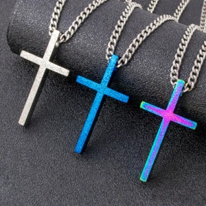 Herren Damen Kreuz Halskette Edelstahl Silber Blau Anhänger Kubanische Gliederkette - Bild 1 von 10