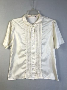 Vintage 80s Button Front Blouse Women 11/12 Cream Peter Pan Collar Tucking Work - Picture 1 of 9