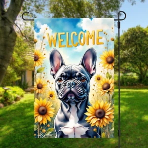 French Bulldog (blue) Dog Sunflowers Garden Flag Double Sided 12" x 18" Yard Art - Picture 1 of 1