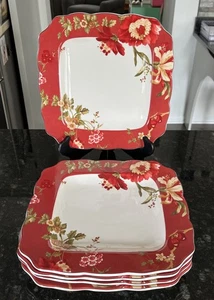 222 FIFTH Summer Botanical Lutece Fleur Rouge Dinner Plate 11" Round Set of 5 - Picture 1 of 3