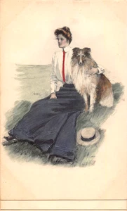 Künstler signiertes Portrait einer Dame mit Collie Hund - Vintage Postkarte - Bild 1 von 1