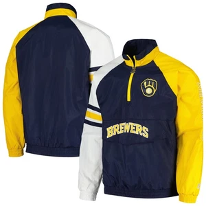 Men's Starter Navy/Gold Milwaukee Brewers Elite Raglan Half-Zip Jacket - Picture 1 of 3