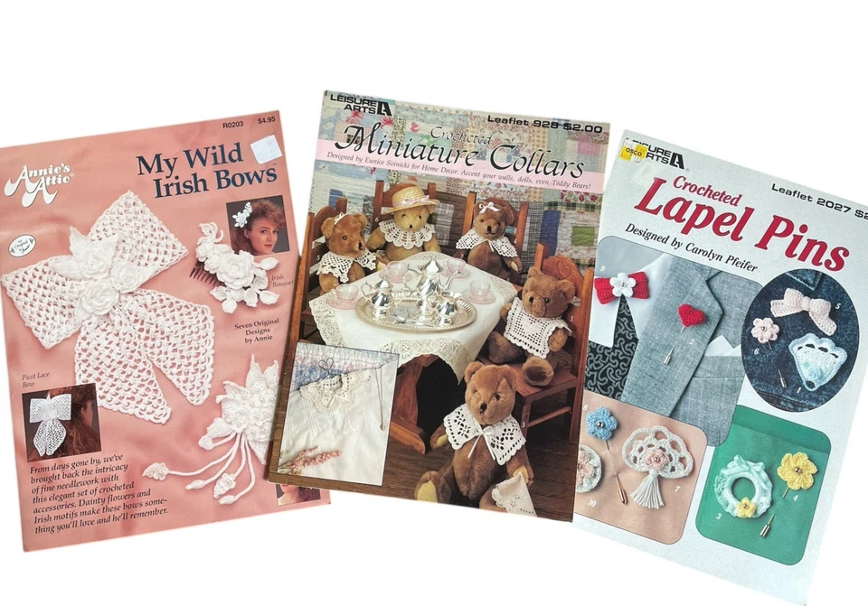 3 Leaflets to Crochet Lapel Pins Miniature Collars Irish Bows Flowers Lace Bows - Image 1 of 4