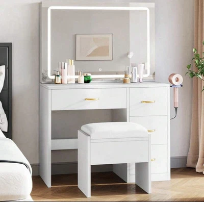 Dressing Table With LED Lights Sliding Mirror And Stool Vanity Table Makeup Desk - Image 1 of 4