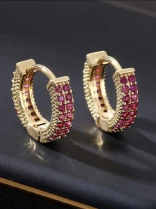 Gold & Ruby Huggie Hoop Earrings - Picture 1 of 4