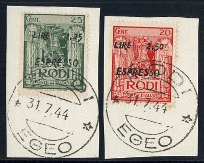 1944 Rodi, sobreimpresión de lira, espresso, dodecaneso, Segunda Guerra Mundial, fragmento, cancelación de Egeo Foto 1 de 2