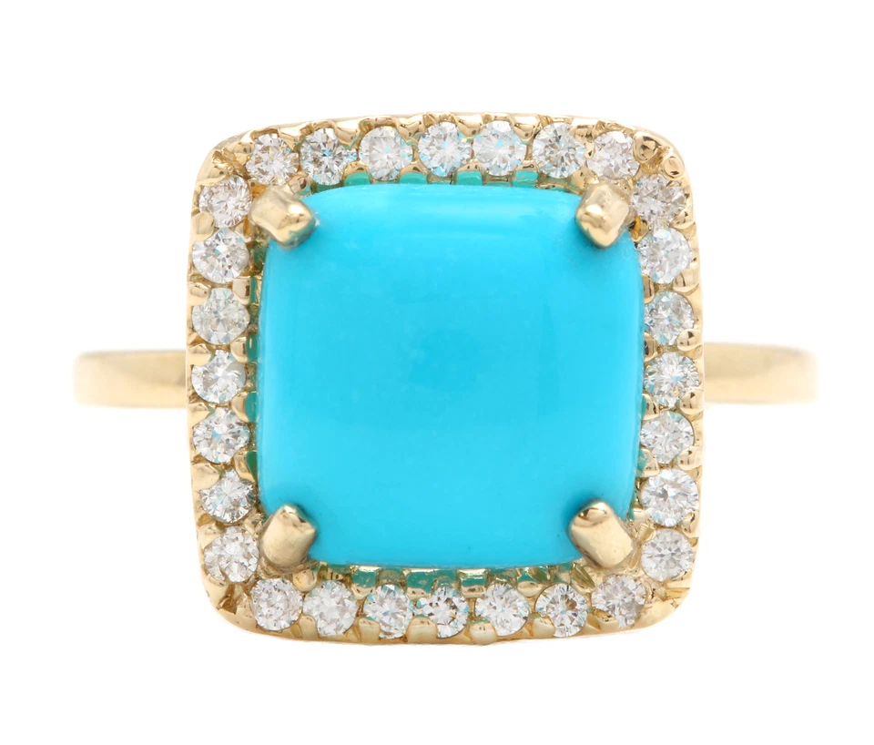 3.52 Carats Natural Turquoise and Diamonds Solid 14K Yellow Gold Cocktail Ring - Image 1 of 4