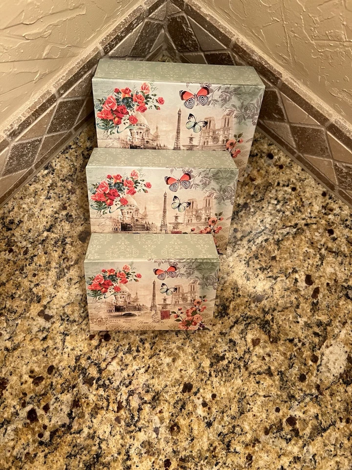 3 Paris themed nesting boxes with roses - Image 1 of 4