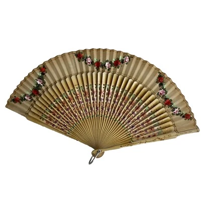 Vintage Stick Fan Handpainted Paper & Bamboo? Floral Flowers Asian Decor - Image 1 of 4
