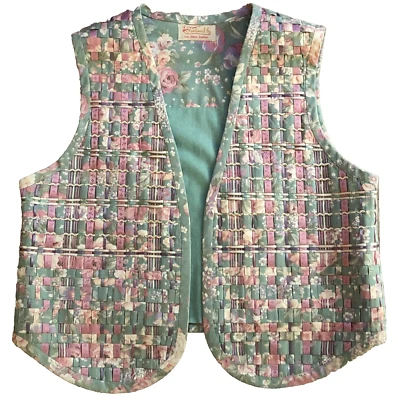 Handmade Patchwork Ribbon Vest Womens Sz M VTG Floral Pastel Green Pink Cottage - Image 1 of 4