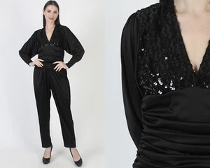 Vintage 80s Black Sequin Jumpsuit Deep V Open Back Backless Disco Maxi Playsuit - Picture 1 of 7