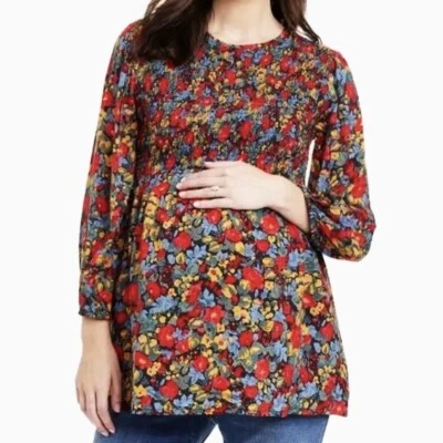Isabel Maternity Shirt Womens XS Floral Blouse Lined Smocked Spring Fall Flowers - Image 1 of 4