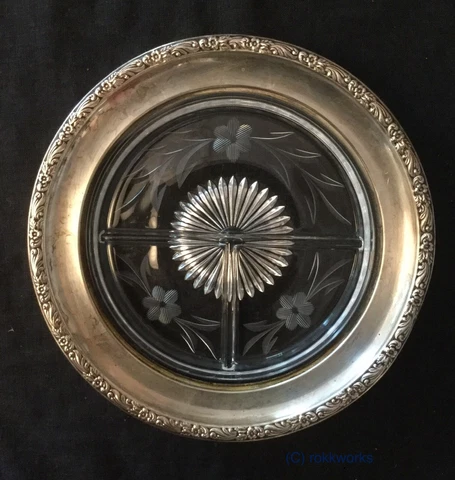 Vtg Fancy Sterling Silver+Glass DIVIDED RELISH TRAY trinket bowl floral repousse Cover