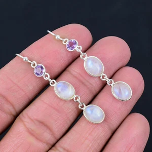Rainbow Moonstone Amethyst Solid 925 Sterling Silver Drop Dangle Earrings E-343 - Picture 1 of 4