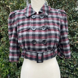 Vintage Forever 21 Gray Burgundy Plaid Cropped Wool Blend Peacoat Y2K - Picture 1 of 8