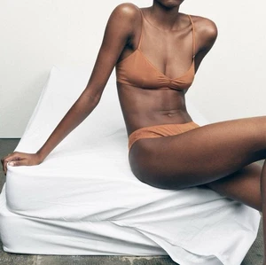 NWT Zara Silk Bralette and Classic Panty Set Tan Semi Sheer Women's S Adjustable - Picture 1 of 10