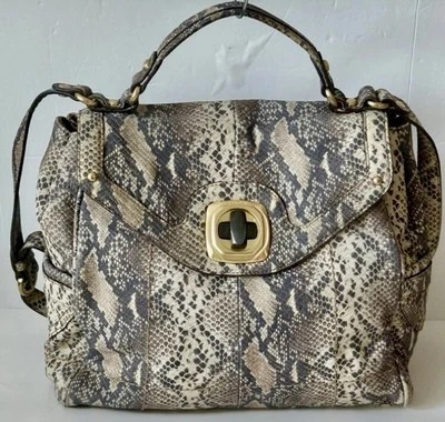 B Makowsky Satchel Shoulder Crossbody Handbag Leather Gray Beige gold Snake - Image 1 of 4