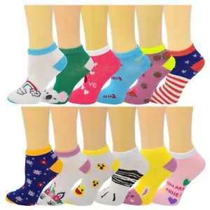 12 Pairs Girls Big Kids Novelty Colorful Low Cut Ankle Socks - Picture 1 of 6