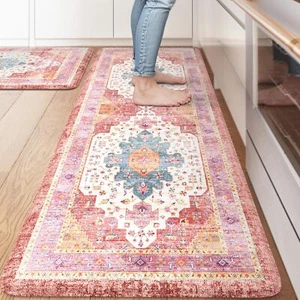 Kitchen Rugs Non Slip Cushioned Kitchen Floor Mats Set of 2 Multi Pink Anti-F... - Picture 1 of 7