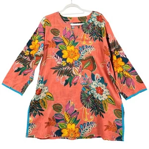Túnica KikiSol Mangas 3/4 Cuello en V Estampado Floral Lagenlook Algodón Tipo Grande - Imagen 1 de 7