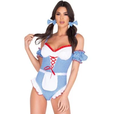 Dorothy Costume Set Gingham Romper Ruffled Lace Arm Bands Hair Bows Apron 5055 - Image 1 of 4