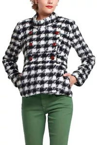 Anthropologie Bold Houndstooth Coat 4 XSmall Small Black White Wool Blend Jacket - Picture 1 of 12