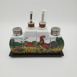 5 Piece Dylan Design Rooster Salt and Pepper, Oil and Vinegar on Tray - Picture 1 of 13