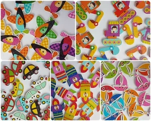 TRANSPORT SCRAPBOOKING BUTTONS - WOOD VEHICLE CAR DIGGER ROCKET PLANE BOAT CHILD - Picture 1 of 11