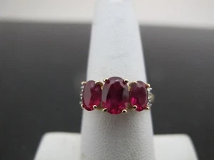 Synthetic RUBY Trio & DIAMOND Accent 14k Yellow Gold Cocktail Ring - Picture 1 of 5